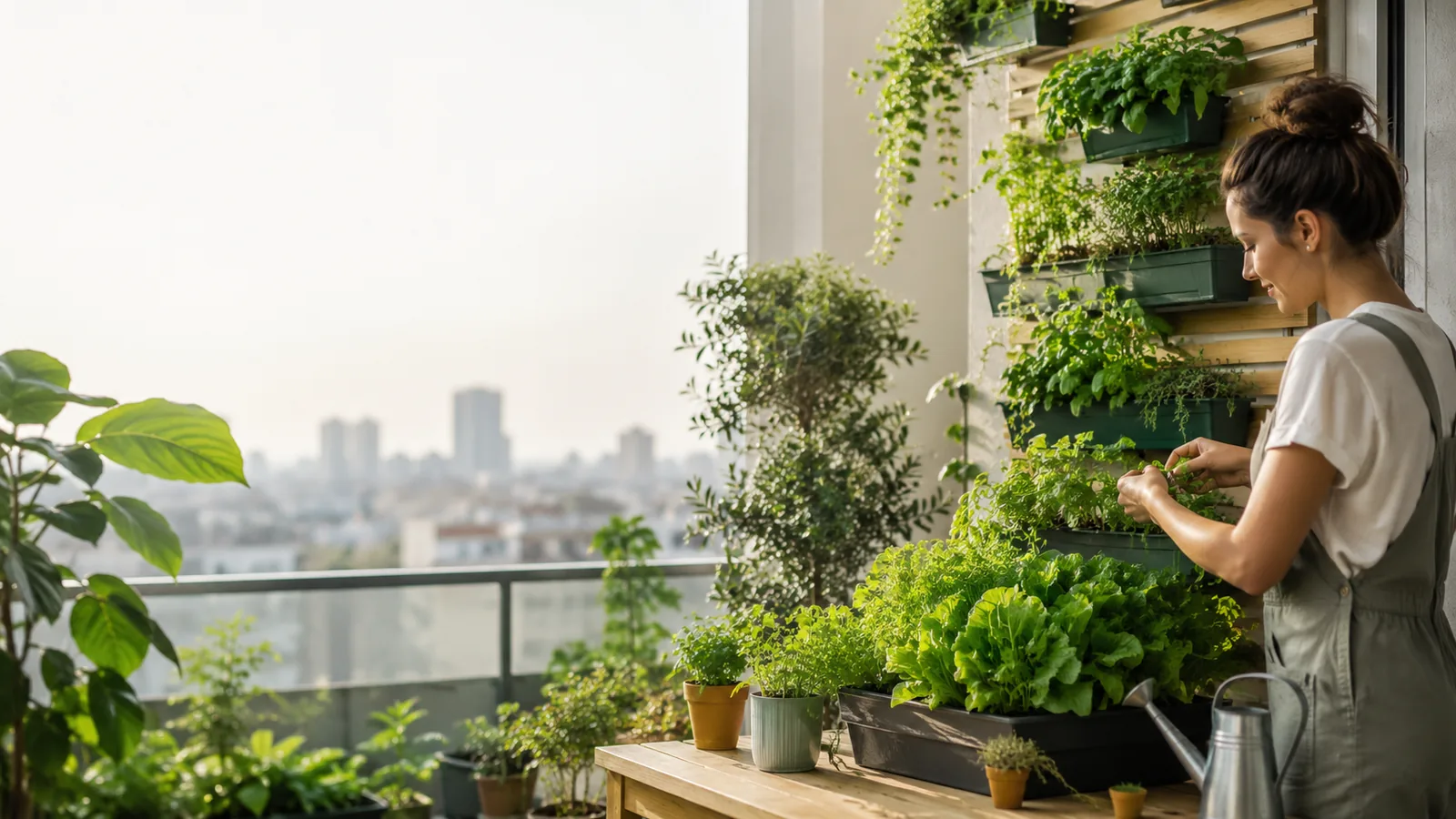 Horta urbana com plantas e temperos cultivados na varanda de um apartamento